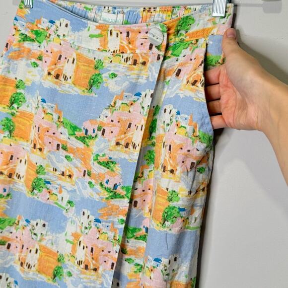 🍁 Cynthia Rowley Linen Blend Novelty Coastal Vacation Print True Wrap Midi Skirt - Picture 6 of 13